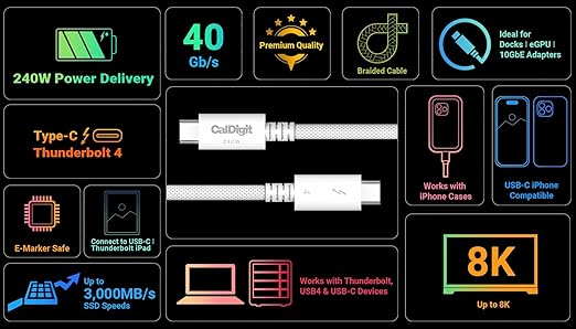CalDigit Thunderbolt 4 Pro Braided Cable - 40Gbps 240W Power Delivery, Compatible with Thunderbolt 3, Thunderbolt 5, USB4 Type C, MacBook Pro, iMac, iPhone 17 (Pro 0.5m Thunderbolt 4/USB4, White)