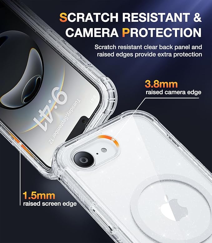 Diaclara Magnetic Designed for iPhone 16e Case, Full Body Rugged Case with Built-in Touch Sensitive Anti-Scratch Screen Protector, Soft TPU Bumper Waterproof Case (Clear Glitter)