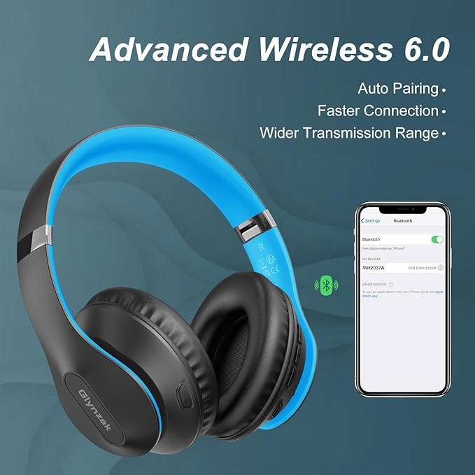 Wireless Bluetooth Headphones Over Ear 65H Playtime HiFi Stereo Headset with Microphone and 6EQ Modes Foldable Bluetooth V6.0 Headphones for Travel Smartphone Computer Laptop