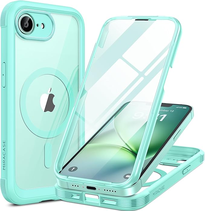 Miracase for iPhone 17e Case & iPhone 16e Case, Full-Body Phone with Built-in Glass Screen Protector, [Magnetic with MagSafe] Military Drop Proof 17 E/ 16 E Cover Bumper 6.1 inch, Mint Green