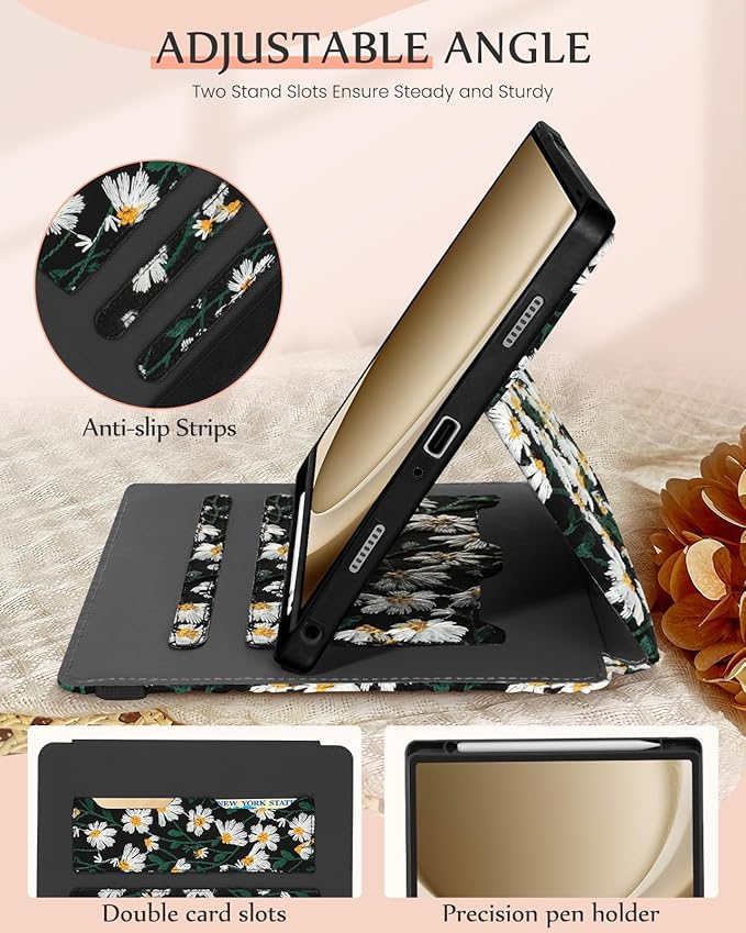 Uppuppy for Samsung Galaxy Tab A9 Plus Case 11'' - Women Girls Cute Embroidered Folio Stand Cover with Pencil Holder & Card Slot Girly Black Daisy Floral Design Aesthetic Cases for Samsung Tab A9 Plus