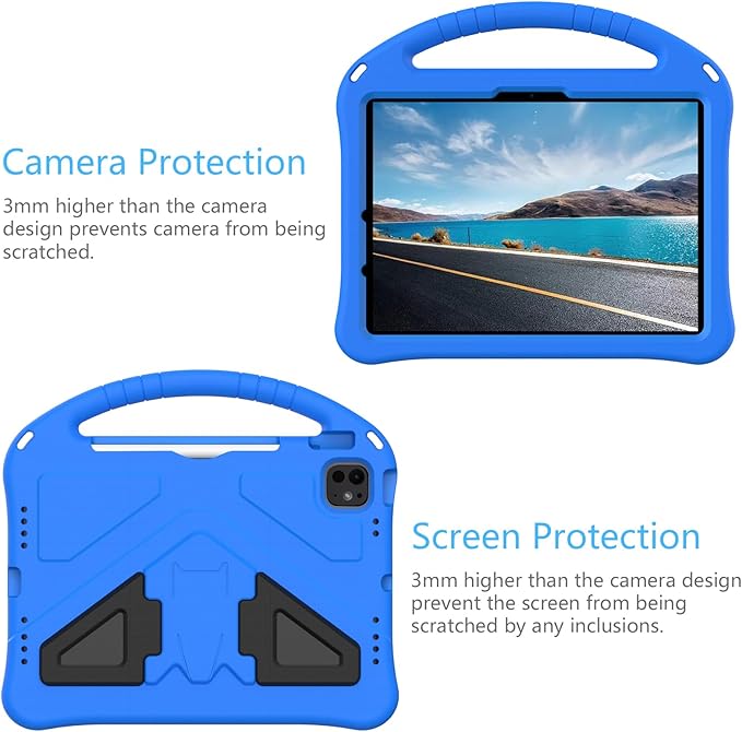 Kids Case for iPad Pro 11-inch (M5) 2025/(M4) 2024, Air 11" 2026 M4/M3/M2 Case with Pencil Holder, Techcircle Lightweight Shockproof EVA Foam Handle Stand Anti-Slip Grip Rugged Cover, Blue