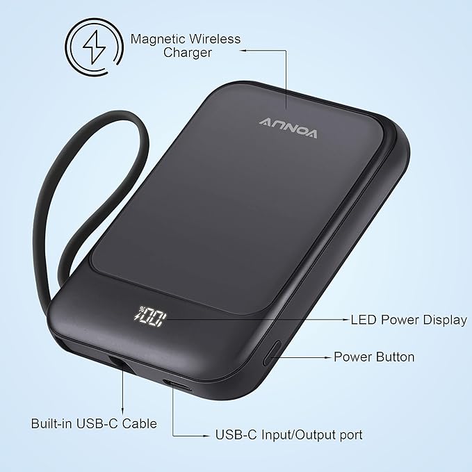 Magnetic Power Bank 10000mAh, Wireless Portable Charger with 15W Max Fast Charging & Built-in USB-C Cable, 22.5W PD LED Display Battery Pack Compatible with iPhone 17/16/15, Samsung Galaxy