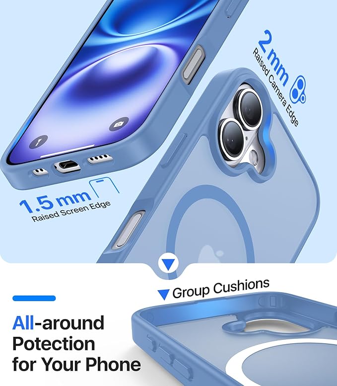 Magnetic for iPhone 16 Case, [Compatible with MagSafe][Military-Grade Drop Protection][Anti-Yellowing] Shockproof Protective Translucent Matte Cover for iPhone 16 Phone Case,Light Blue