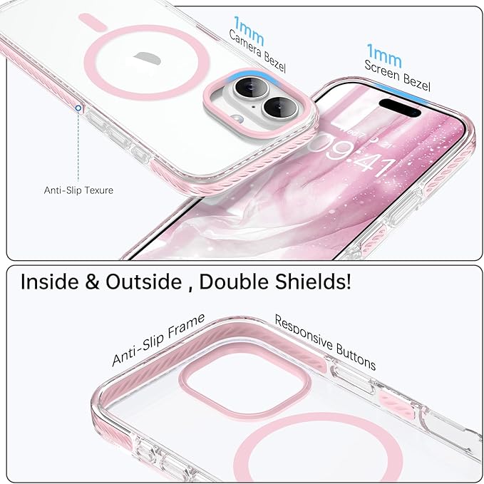 BENTOBEN Magnetic for iPhone 17 6.3" Case, Compatible with Magsafe Military Shockproof Protective Bumper Cute Transparent Slim Anti-Yellowing Women Girl Men Phone Case for iPhone 17 Cover, Clear Pink