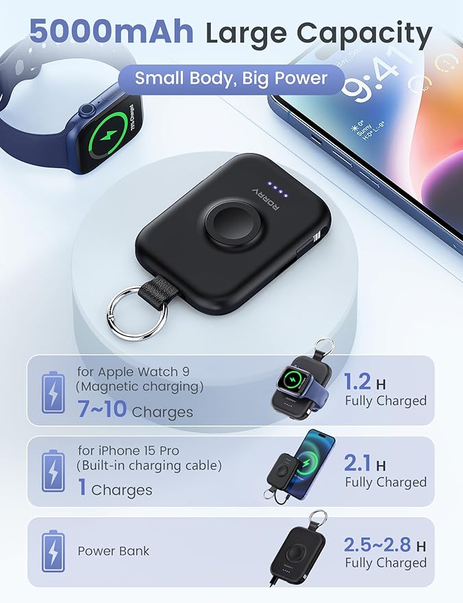 RORRY Portable Charger, 5000mAh Portable Charger Power Bank with Built-in Cables, Travel Keychain Battery Pack for Apple Watch Ultra/11/10/9/8/7/6/SE, iPhone Air/17/16/15/14/13/12, Black