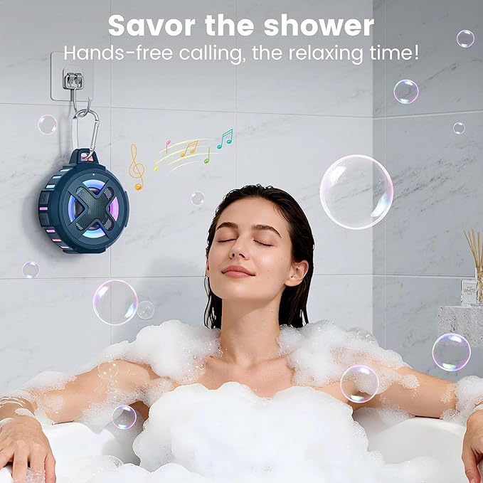 XLEADER X8, Upgraded, Portable Bluetooth Speaker, Certified IP67 Waterproof Shower Speaker, Silicone Case, 10W Bass, 24Hrs Playtime, Small, Floating, RGB Lights, Clip, for Pool Beach Kayak, Sea Blue