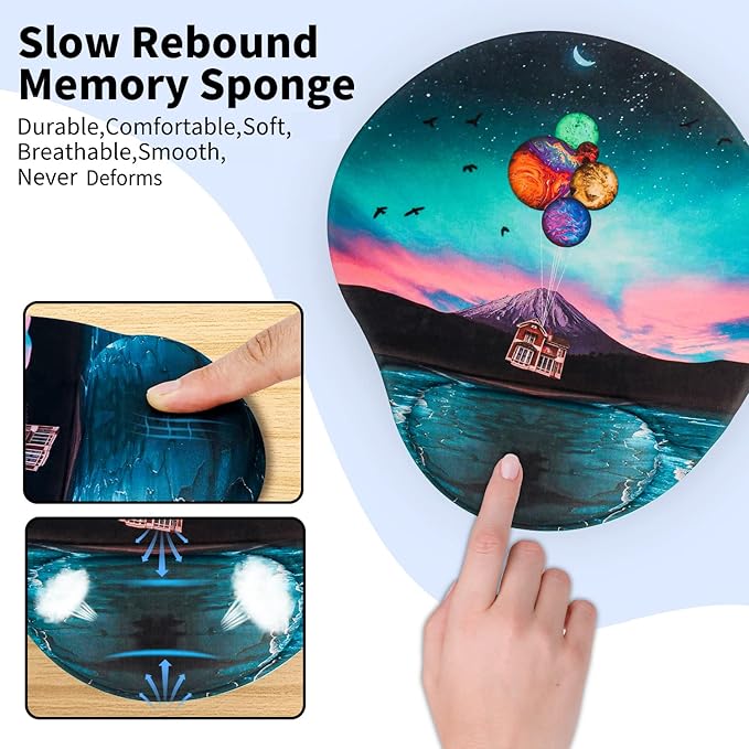 Ergonomic Mouse Pad with Wrist Support,Cute Mouse Pads with Wrist Rest with Computers Laptop,Mouse Wrist pad for Home Office Gaming,Pain Relief with Non-Slip PU Base (Floating House)