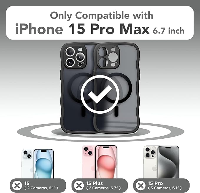 CAPRARO Cute for iPhone 15 Pro Max Case, Compatible with MagSafe, [Curly Wave Edge] [Full Camera Protection] [14 FT Drop Protection] Magnetic Phone Case for 15 Pro Max 6.7 Inch, Black