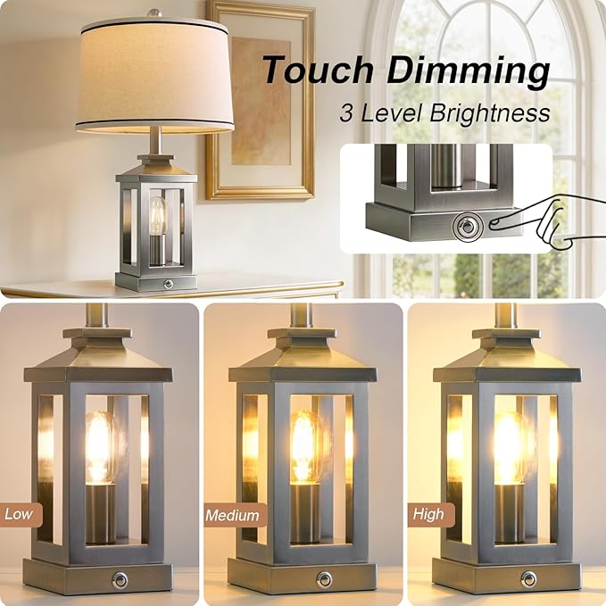 G-SAFAVA 24" Table Lamps for Living Room Bedroom Modern Metal Bedside Lamps Set of 2 Nightstand Lamp for Night Stands 3 Way Dimmable Touch Lamp with USB C+A Ports and 2 Light Sources, 4 Bulbs Includes