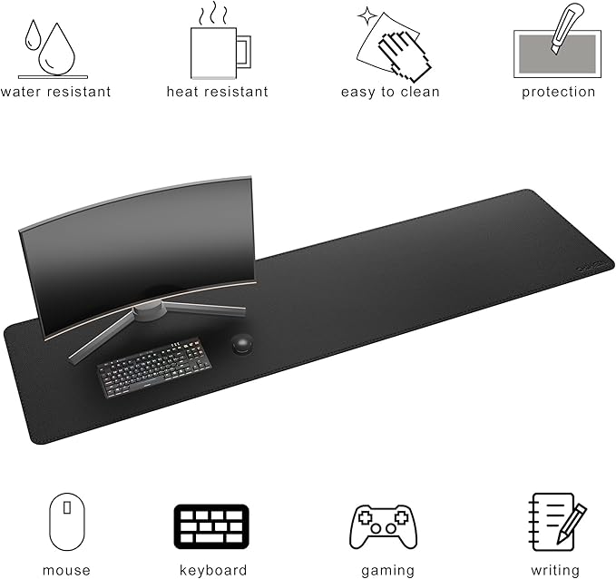 Chihein 71” x 20” Cork & PU Leather Desk Mat (Black) - Huge Mouse Pad, Double Sided Waterproof Desk Pad Protector for Gaming, Office, Home