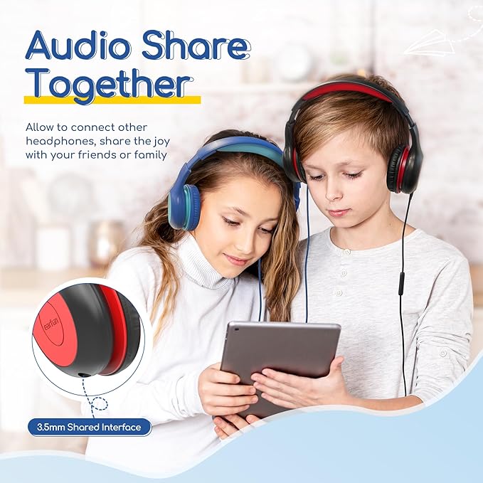 EarFun K1 Kids Headphones Wired with Microphone, 85/94dB Volume Limit Headphones for Kids, Portable Wired Headphone with Shareport, Stereo Sound Foldable Headset for School/Tablet/iPad, Black Red
