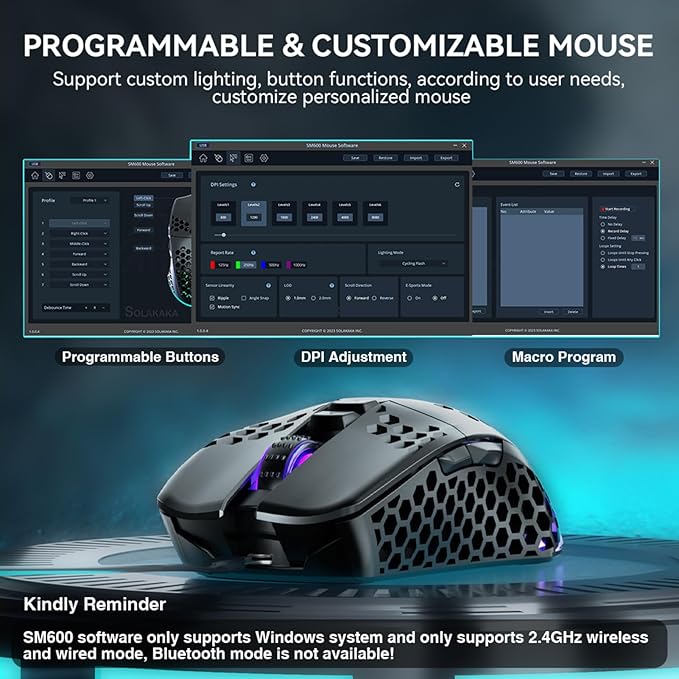 SOLAKAKA SM600 Honeycomb Shell Gaming Mouse Wireless,Tri-Modes BT/2.4G Wireless/Type-C Wired Gamer Mouse with 2 Side Buttons, Macro Programmable and RGB Light for PC/Mac/Laptop,Black