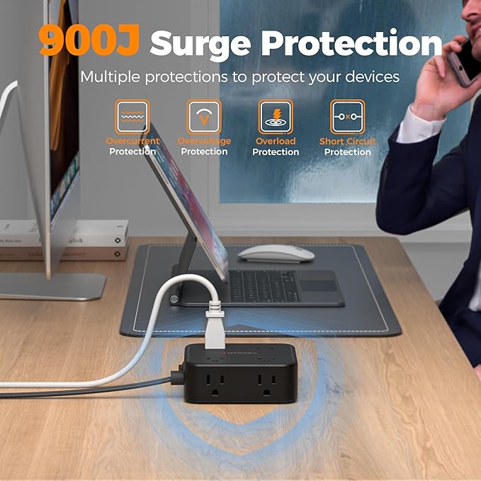 TESSAN Surge Protector Power Strip, 5 Ft Flat Plug Extension Cord with 3 USB (1 USB C) 8 Outlets, 1250W, 900J Protection, 3 Sided Outlet Extender with Power Switch for Office, Dorm Room, Black