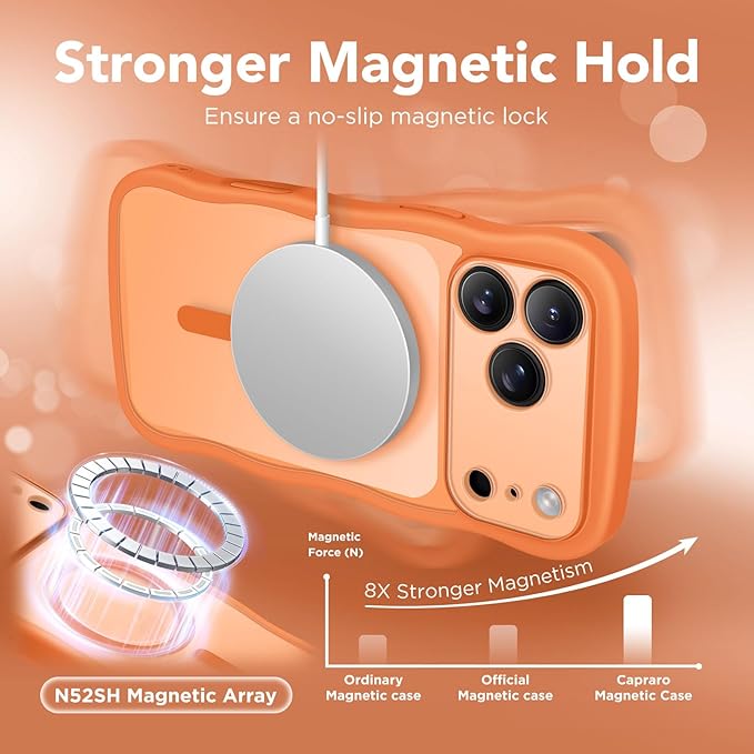CAPRARO Magnetic for iPhone 17 Pro Max Case for Women Girls, Upgraded [Full Camera Protection] [Compatible with MagSafe] Cute Wave Translucent Matte Phone Case for iPhone 17 Pro Max, Clear Orange