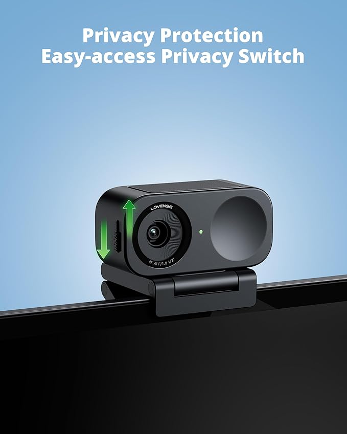 LOVENSE Webcam 2 4k for PC, Live Streaming Camera 1/2" Sensor True Focus Al Noise Canceling, Hand Gesture Control, Mobile Control, Auto Framing, Customizable Audio Modes, Microphones, Privacy Control