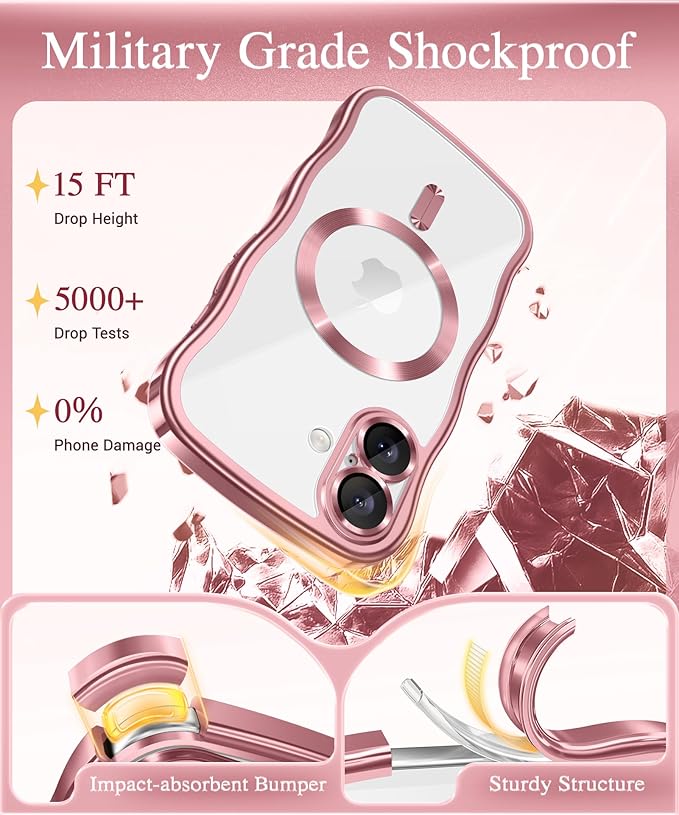 GVIEWIN for iPhone 17 Case Compatible with MagSafe, Upgraded [Full Camera Protection][Cute Wave Frame][Military Grade Protection] Electroplated Hard Phone Cover for Women Girl, Clear/Pink