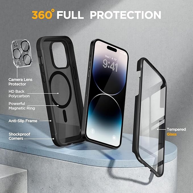 Miracase Magnetic for iPhone 14 Pro Case 6.1 inch, (Compatible with MagSafe) Upgrade Full-Body Clear Phone Bumper Case with Built-in 9H Tempered Glass Screen Protector, Magnetic Matte Black