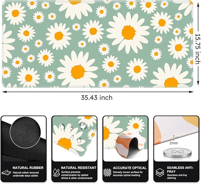 iCasso XXL Large Mouse Pad for Desk, Anti-Slip Big Mousepad with Stitched Edges, Keyboard Mat for Work, Gaming (Daisy)