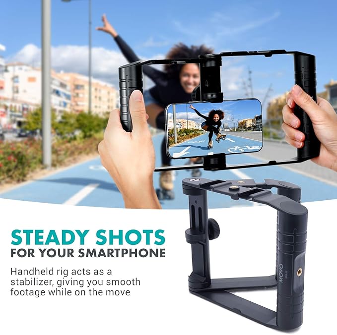 Movo SPR-20 Foldable Smartphone Video Rig Cage with Cold Shoe Mounts for Microphone or LED Light - Vlogging Mount Compatible with iPhone, Android - Smartphone Video Stabilizer Grip - Filming Equipment