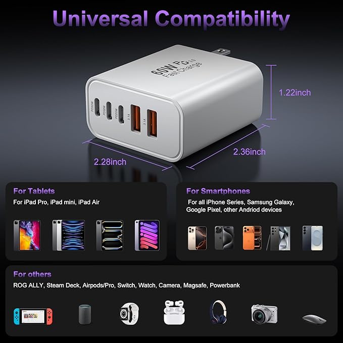USB C Fast Wall Charger Block, 3Pack 60W USBC Charging Cubes, 5-Port PD+QC Power Adapter Multiport Brick Type C Box Plug for Phone 17/16/15/14/13/12/11/Pro Max/Plus, Pad Mini/Pro/S25/S24-White