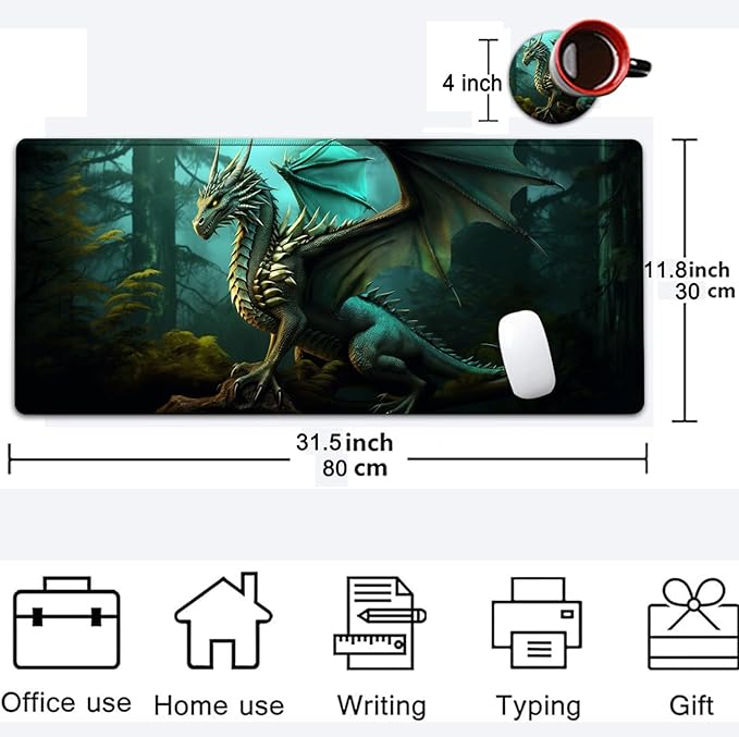 Large Mouse Pad, 31.5 x 11.8in Extended Gaming Mouse Pad with Stitched Edges, XXL Mousepad Protector Non Slip Rubber Base for Office and Home Writing Mat, Green Nature Dragon Pattern Black Desk Mat