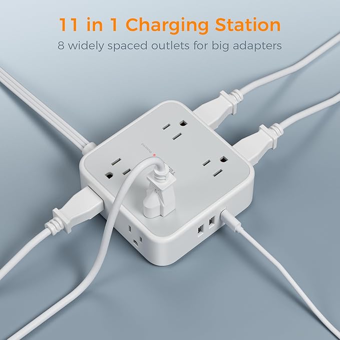 TESSAN Surge Protector Power Strip, 25 Ft Flat Plug Extension Cord with 3 USB (1 USB C) 8 Outlets, 1250W, 900J Protection, 3 Sided Outlet Extender with Power Switch for Office, Dorm Room, Grey
