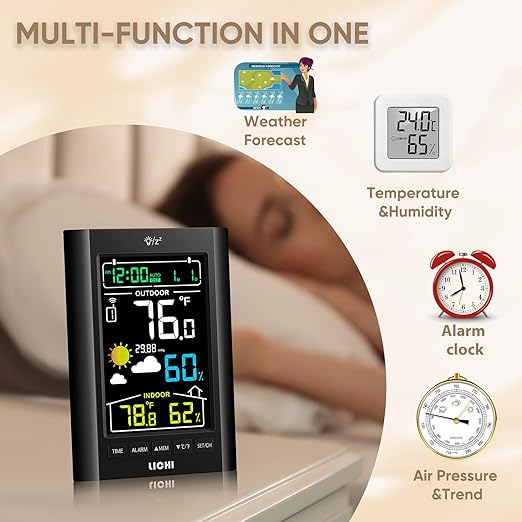 Weather Station Wireless Indoor Outdoor Thermometer， Inside Outside Temperature Humidity Monitor，with 330ft Range Sensor and Adjustable Backlight (Black)
