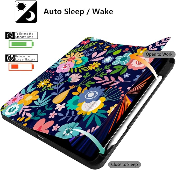 DONGKE Floral Design Case for iPad Pro 12.9 inch 6th, 5th, 4th, 3rd Gen with Pencil Holder, Auto Wake/Sleep, and Stand