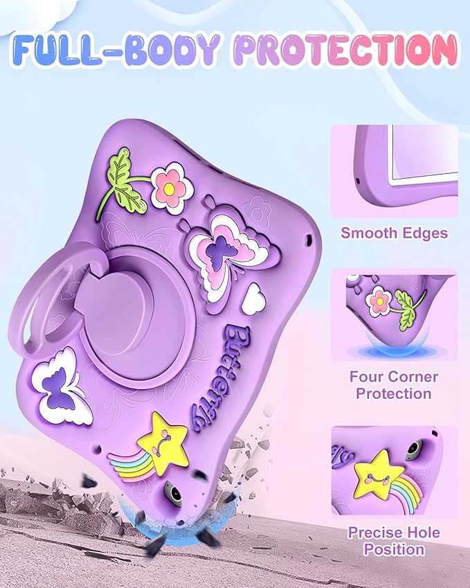 Kidcube for iPad Mini 4 Case, for iPad Mini 5 Case 2015/2019 - Girls Cute Kawaii Girly 3D Purple Butterfly Design Cover with Rotating Stand & Strap Silicone Teen for iPad Mini 4th/5th Generation Cases