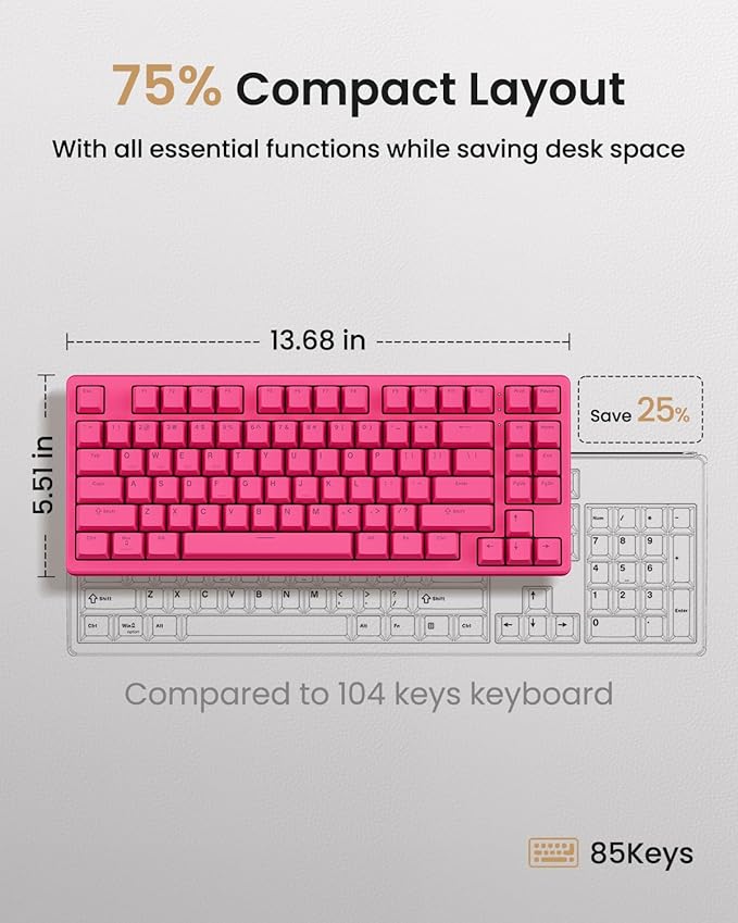 Kisnt KN85 Wireless Mechanical Keyboard, 75% Layout with RGB Backlit, Bluetooth/2.4GHz/USB-C, Custom Hot Swappable Silent Switches, Quiet Typing for Windows/Mac/PC (Berry Red)