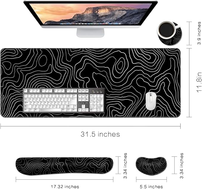 Desk Mat, Large Gaming Mouse Pad with Wrist Rest, 4 in1 XXL Mouse pad+Keyboard Wrist Rest+Mouse Pad Wrist Support+Cup Coaster Set, Ergonomic Desk Pad for Home Office, Topographic Line