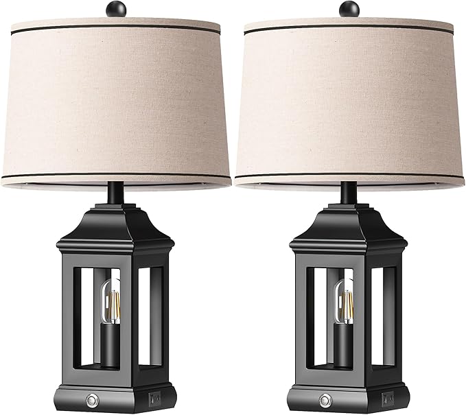 24" Rustic Farmhouse Table Lamps for Living Room Set of 2, Touch Dimmable Nightlight Vintage Bedside Lamps with USB A+C Ports & Dual Light Sources for Bedroom Nightstand End Table, Matte Black