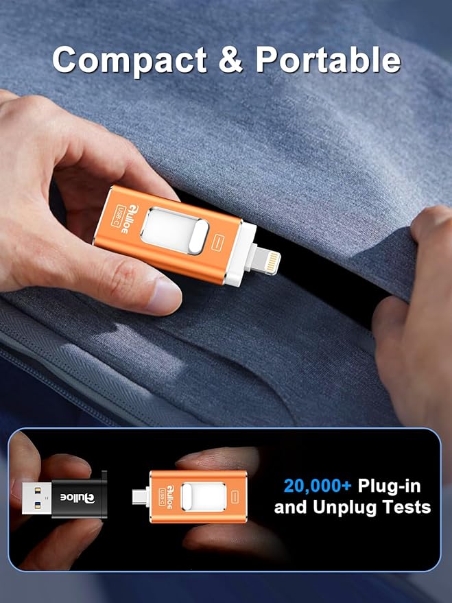 Gulloe 512GB Dual Interface Flash Drive for Phone Storage Photos Videos, Phone USB Backup External Photo Memory Stick - No App Required, Compatible with iPhone, iPad, Android & PC (Orange)
