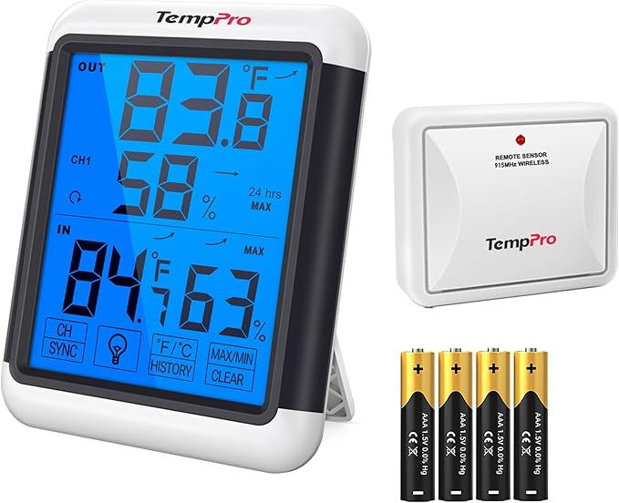 TempPro TP65 Indoor Outdoor Thermometer Digital Wireless Hygrometer Temperature Humidity Monitor with Jumbo Touchscreen and Backlight Humidity Gauge,LCD (Previously ThermoPro)