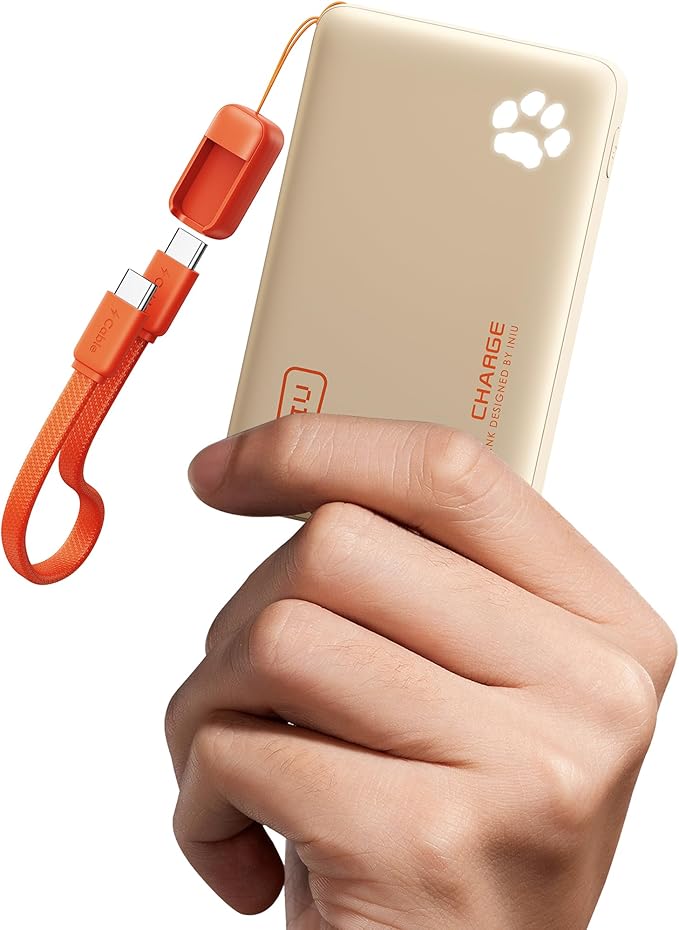 INIU Portable Charger, Ultra Slim 45W Fast Charging with Attached USB C Cable, 10000mAh Power Bank Battery Pack, Travel Essential Phone Powerbank for iPhone 17 16 Samsung S25 Google, Beige