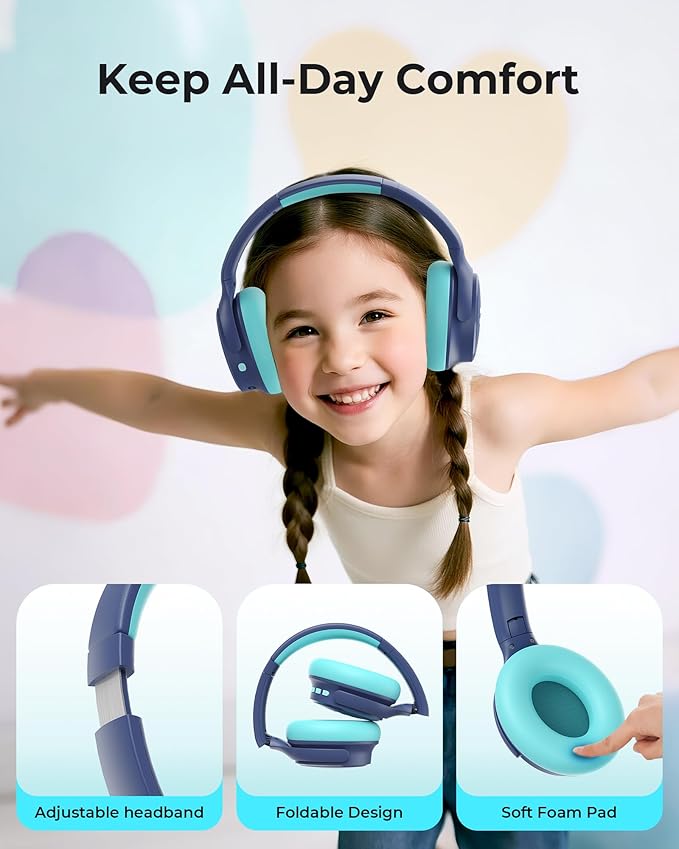 seenda Active Noise Cancelling Headphones for Kids, HEO-303 Bluetooth 5.4 60H Playtime Type C Fast Charging, 74/85/94 dB Safe Volume Limit Headset with Mic for Ipad, Airplane, Travel, Blue