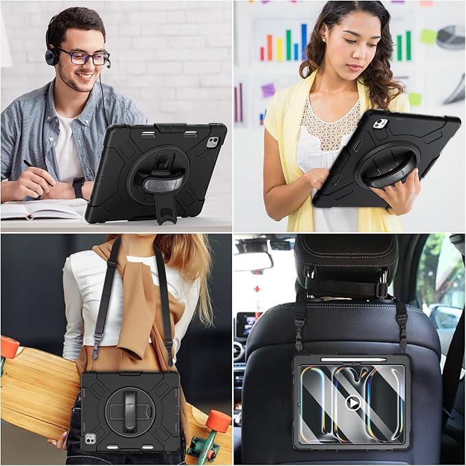 Case for iPad Pro 13 Inch M5 2025/ M4 2024: Military Grade Cover for iPad Pro 13" with Screen Protector - Stand - Handle - Shoulder Strap - Pencil Holder- Black