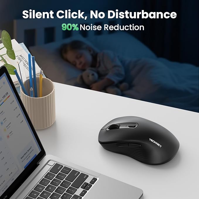 TECKNET Rechargeable Bluetooth Mouse, [ USB + BT5.0 + BT3.0 ] Wireless Mouse, Ergonomic Design, Silent Click, 6-Level 4800 DPI Wireless Mice, 3-Device Switching for Laptop, Computer, MacBook（Black）