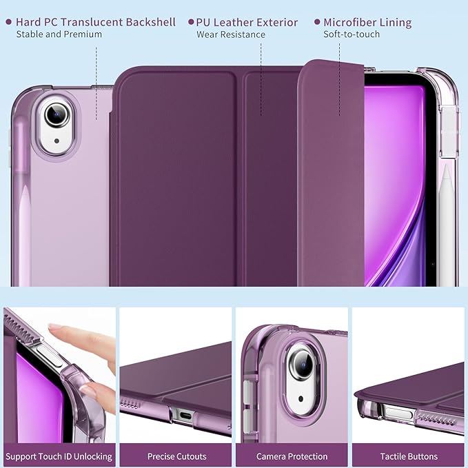 MoKo for iPad Air 11 inch Case (M4/M3/M2) 2026/2025/2024, iPad Air 5th/4th Gen 10.9 inch Case 2022/2020 with Pencil Holder, Slim Light Trifold Cover with Hard PC Translucent Back Shell, Dark Purple
