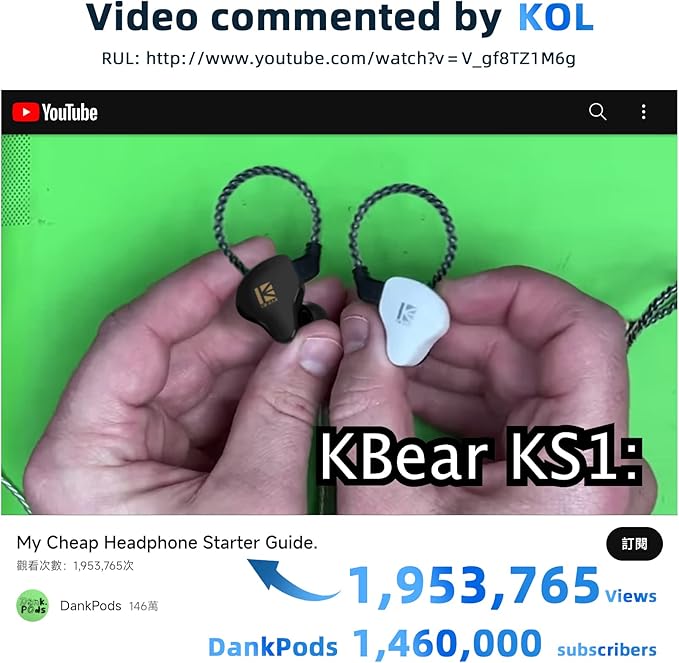 YINYOO KBEAR KS1 in Ear Monitor Bass Earbuds Wired Earbuds,Clear Sound Stereo Headphones, Vocals Forwards High Resolution Noise Canceling Earphones, Dual Magnectic Circuit Dynamic Detachable Cable