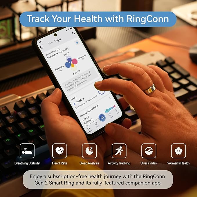 RingConn Gen 2, World’s First Smart Ring with Sleep Apnea Monitoring, No APP Subscription, 12-Day Battery Life, Stress/Heart Rate/Women's Health Tracker, Android & iOS Compatible (Silver, Size 14)