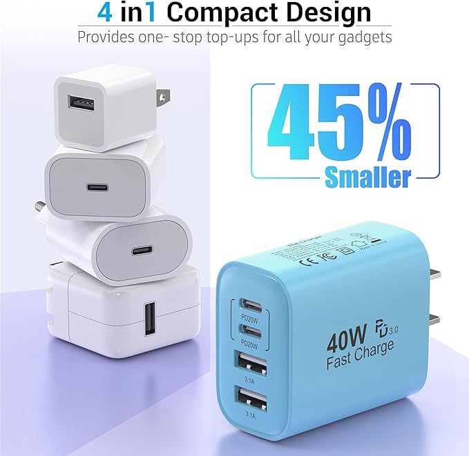 40W USB C Charger Block, 4-Port Fast Charging Block (2 USB-C + 2 USB-A), Compact Multi-Device Wall Plug Adapter for iPhone 17,16,15,14,13, Pro Max, Samsung Galaxy S24/S23/, Travel & Home (Blue 1Pack)