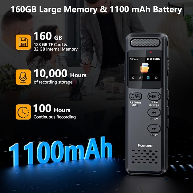 160GB Digital Voice Recorder with Playback, 1100mAh Audio Recording Device for Lecture Interviews, 1536Kbps Voice Activated Recorder with Noise Reduction, Password, External Microphone