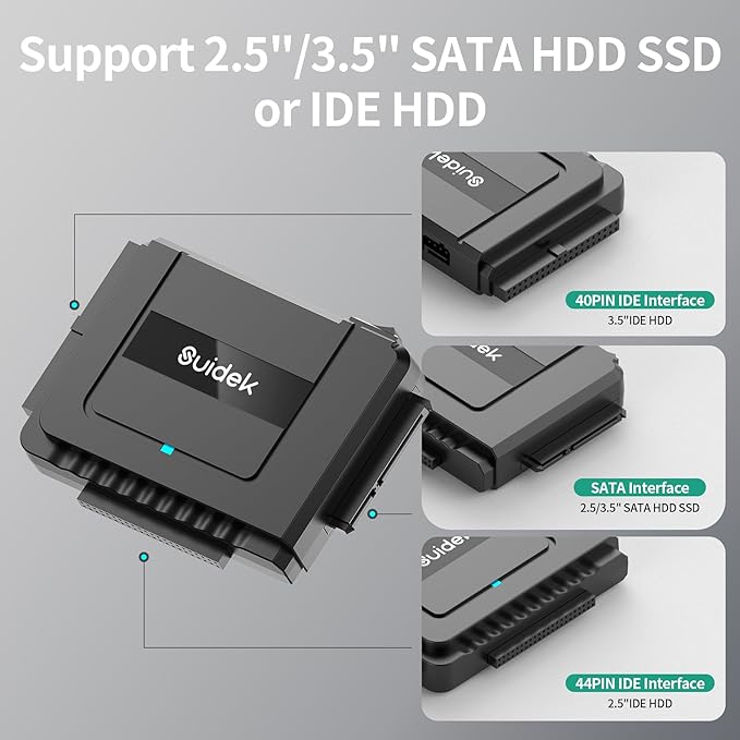 SUIDEK USB 3.0 to IDE & SATA Adapter, External Hard Drive Converter Kit for 2.5"/3.5" HDD/SSD, IDE to USB C, Includes 12V/2A Power Adapter, Plug & Play for Windows/Mac/Linux