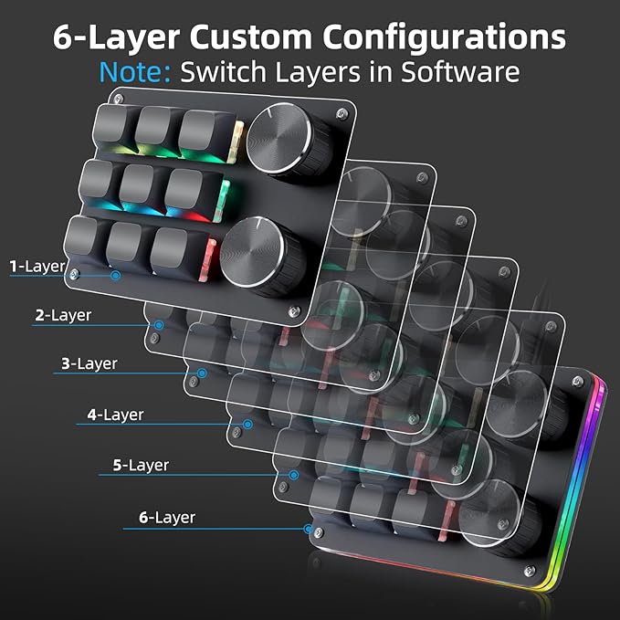 Koolertron Macro Programmable Keypad, One Handed Programmable Mechanical Keyboard, RGB Blue Switch Hot Swappable, 9 Keys 2 Knob Backlit Keypad for Working and Gaming, Black