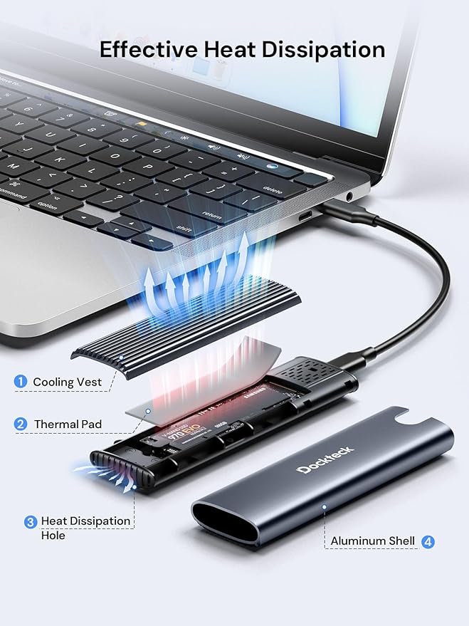 dockteck M.2 NVMe SATA SSD Enclosure, Tool-Free 10Gbps USB 3.2 Gen 2 NVMe to USB Adapter Case for SSDs 2230/2242/2260/2280, External SSD Reader Supports M-Key/B+M Key and UASP