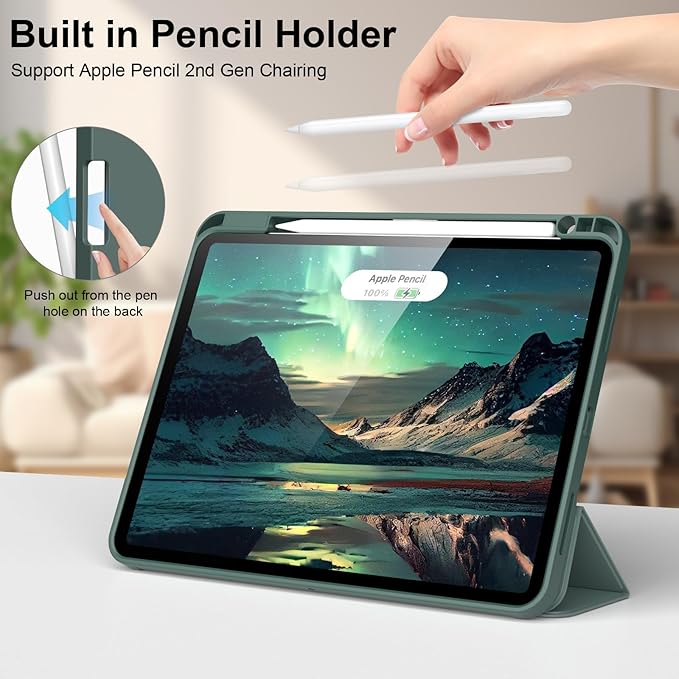 Case for iPad Pro 12.9 Inch Case 6th/5th/4th/3rd Generation with Pencil Holder, Smart Stand Cover with Soft TPU Back for iPad 12.9 Pro Case (2022/2021/2020/2018), Auto Sleep/Wake, Dark Green