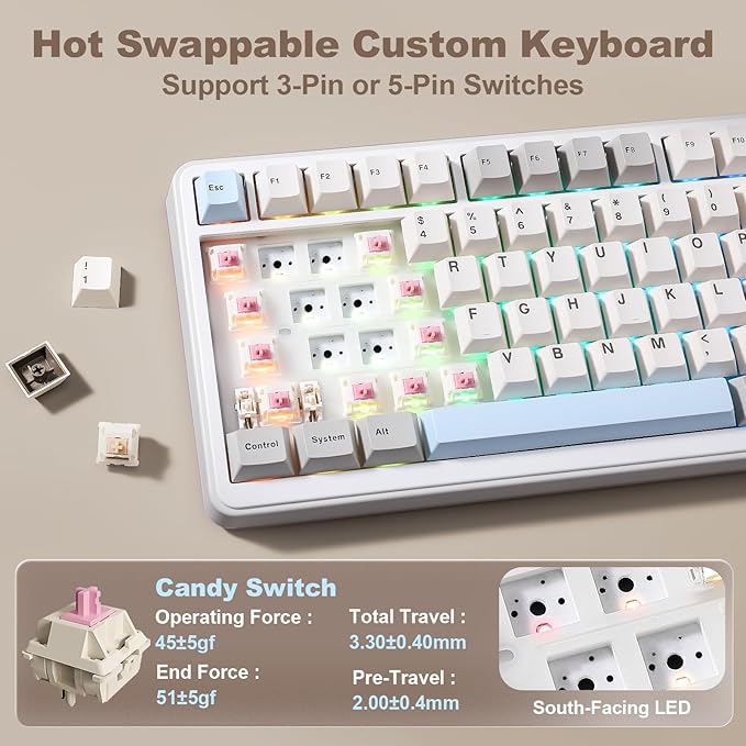 YUNZII B75 PRO MAX QMK/VIA Wireless Mechanical Keyboard,75% Layout with Screen and Knob,Custom Hot Swap Gasket,Creamy Pre-lubed Switches,Bluetooth/Type-C/2.4G for Win/Mac (Beige,Candy Switch)