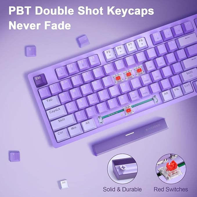 HUO JI Mechanical Gaming Keyboard USB Wired Compact with Number Pad, Purple Led Backlit, Red Switch, Detachable Type C Cable, 94 Keys for PC/Computer/Laptop, Purple and White